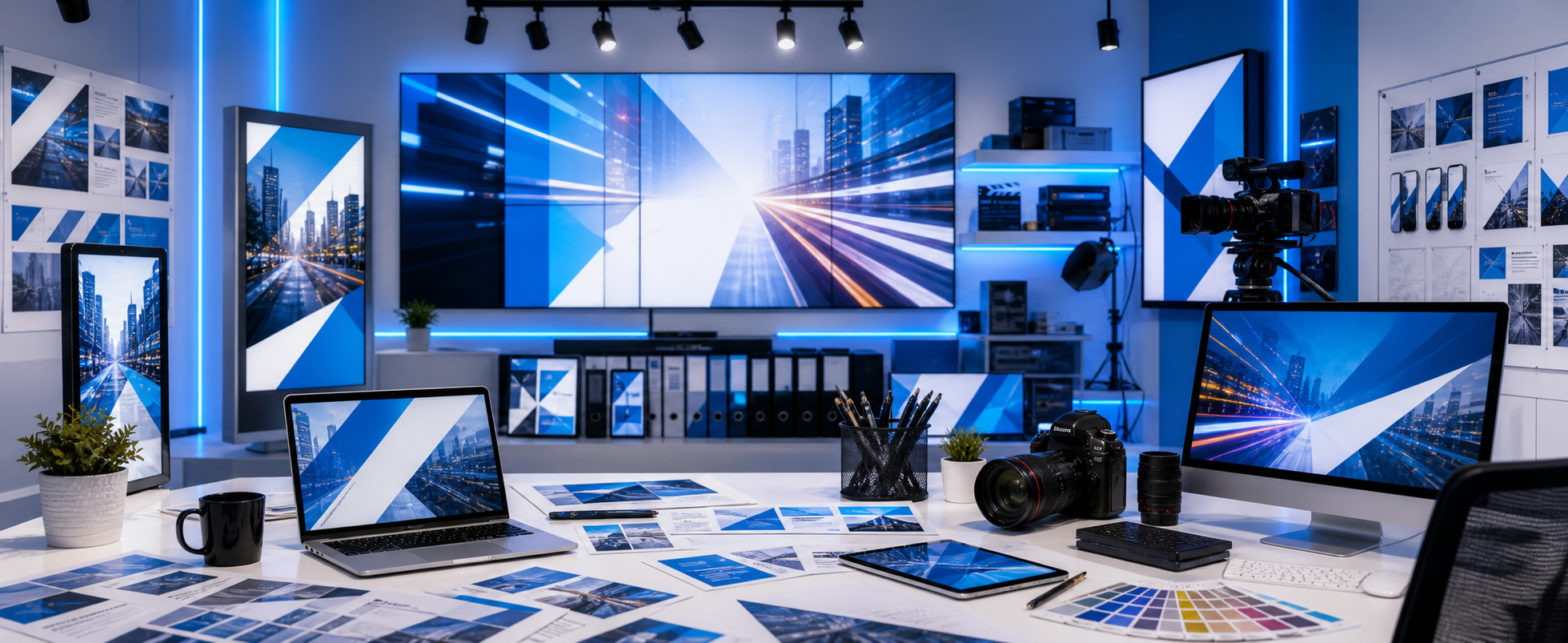 Media planning studio with campaign screens